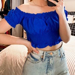royal blue scrunchie off the shoulder crop top
